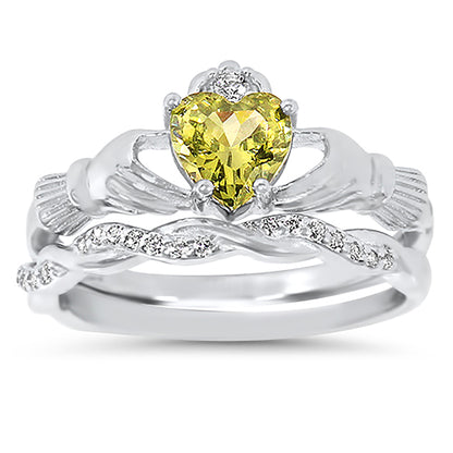 Celtic Claddagh Peridot Color CZ August Birthstone Wedding Engagement Ring Set