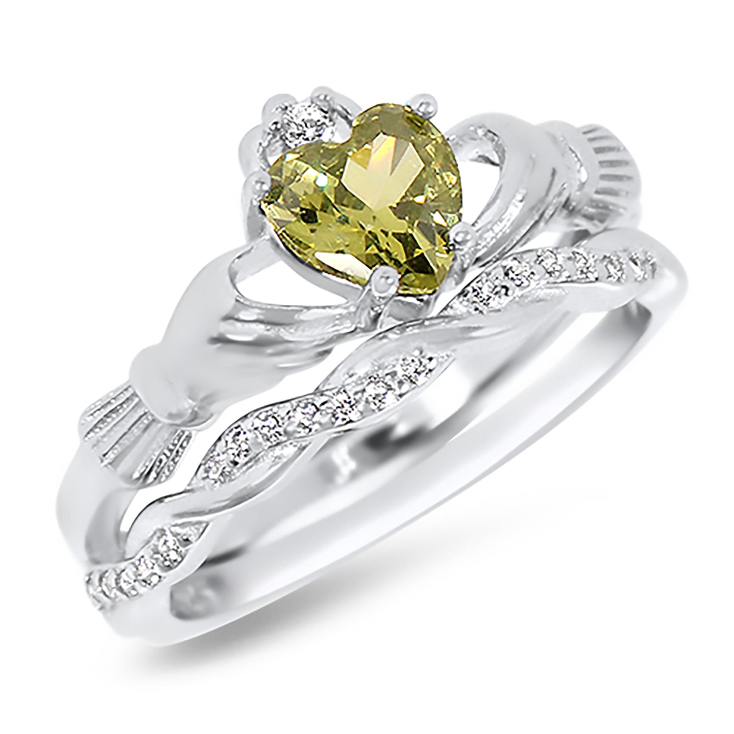 Celtic Claddagh Peridot Color CZ August Birthstone Wedding Engagement Ring Set