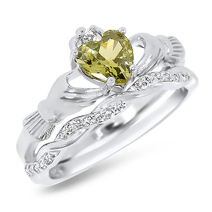 Celtic Claddagh Peridot Color CZ August Birthstone Wedding Engagement Ring Set