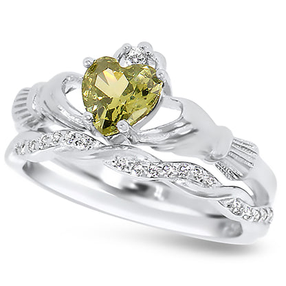 Celtic Claddagh Peridot Color CZ August Birthstone Wedding Engagement Ring Set