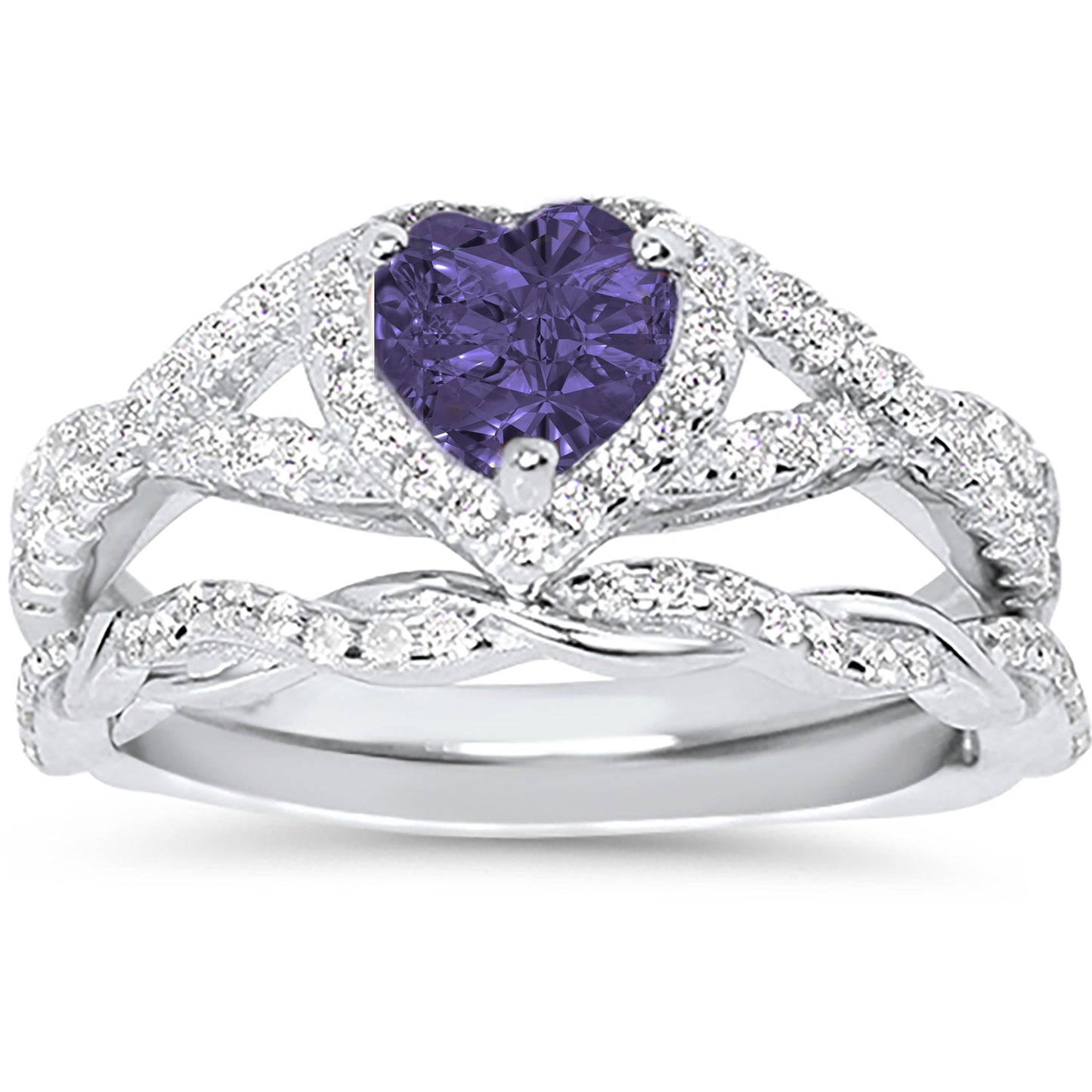 1 Carat Purple CZ Antique Style Silver Wedding Engagement Ring Set
