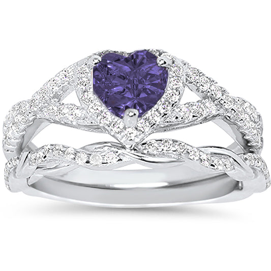 1 Carat Purple CZ Antique Style Silver Wedding Engagement Ring Set