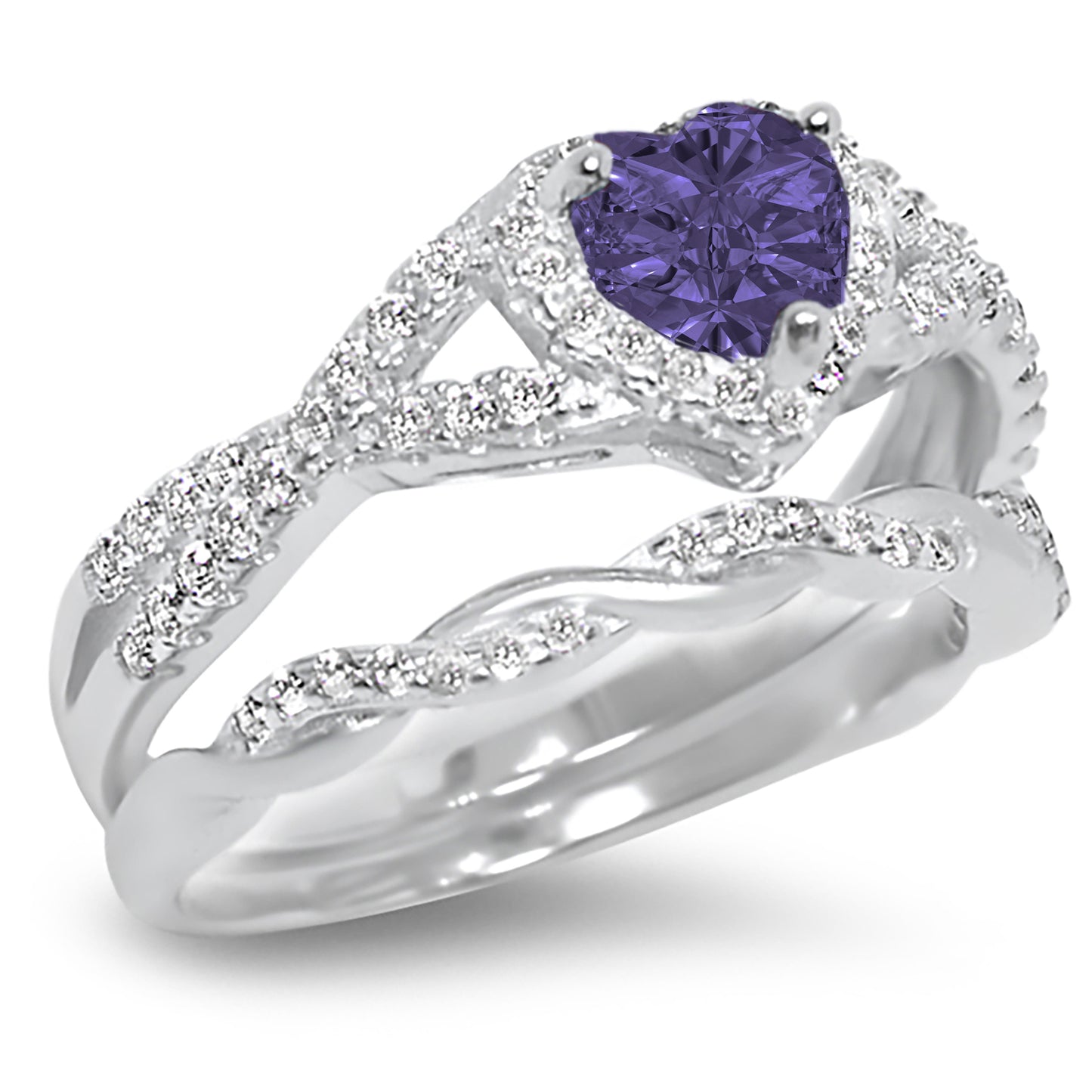 1 Carat Purple CZ Antique Style Silver Wedding Engagement Ring Set