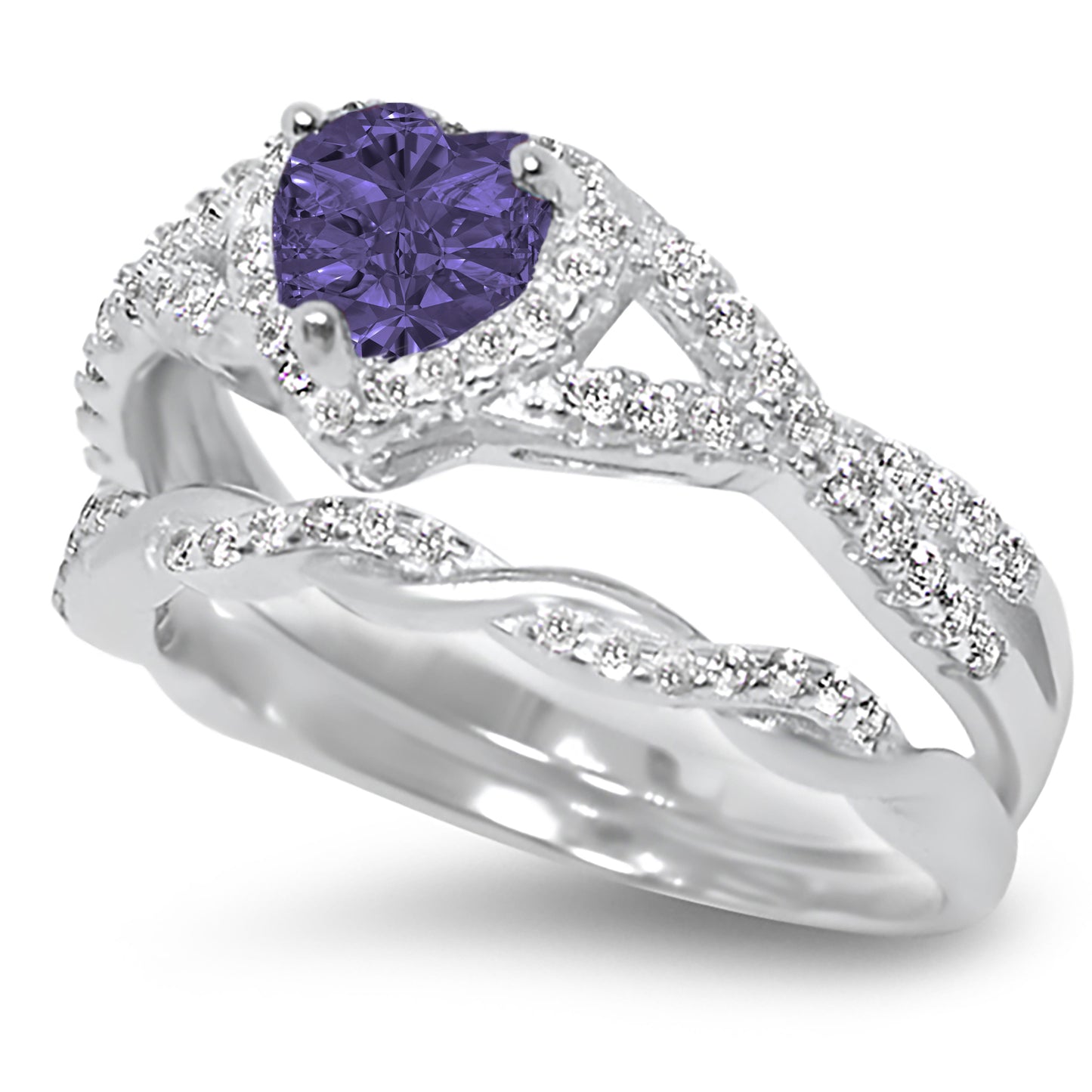 1 Carat Purple CZ Antique Style Silver Wedding Engagement Ring Set
