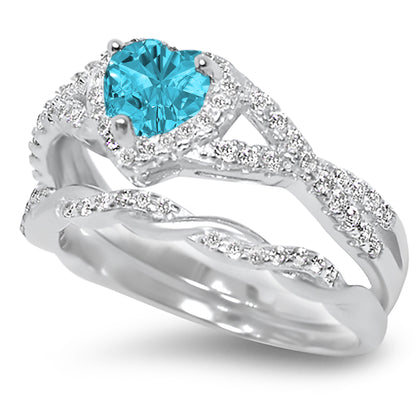 1 Carat Aqua Blue CZ Antique Style Silver Wedding Engagement Ring Set