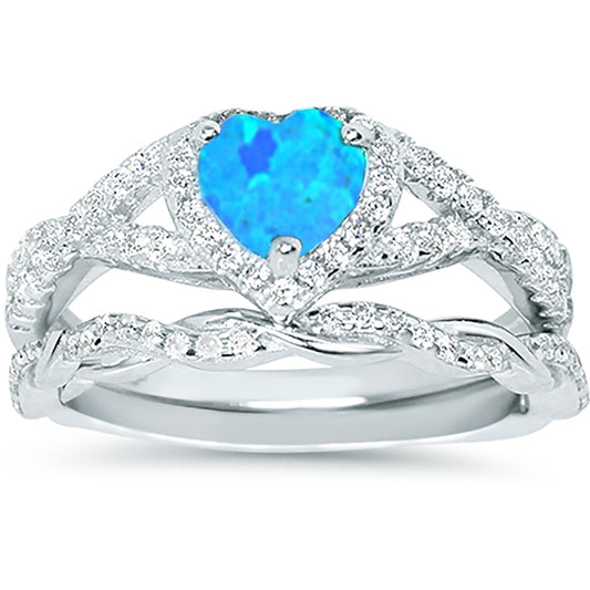 1 Carat Lab Created Blue Opal and CZ Vintage Design Silver Wedding Engagement Ring Set