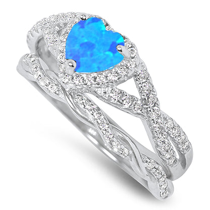 1 Carat Lab Created Blue Opal and CZ Vintage Design Silver Wedding Engagement Ring Set