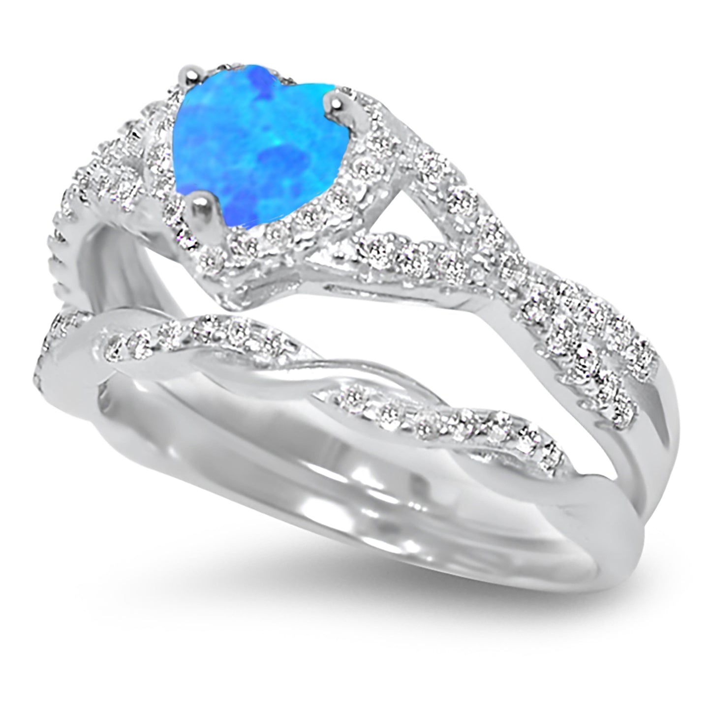 1 Carat Lab Created Blue Opal and CZ Vintage Design Silver Wedding Engagement Ring Set