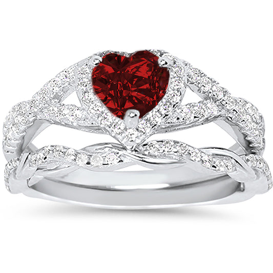 1 Carat Red CZ Antique Style Silver Wedding Engagement Ring Set