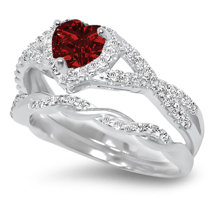 1 Carat Red CZ Antique Style Silver Wedding Engagement Ring Set