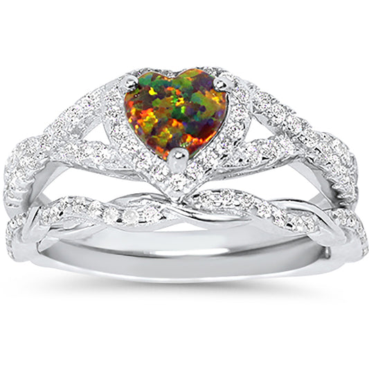 1 Carat Fire Opal Heart Cut Sterling Silver Wedding Engagement Ring Set