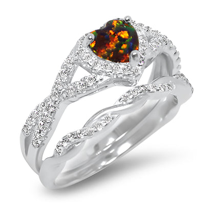 1 Carat Fire Opal Heart Cut Sterling Silver Wedding Engagement Ring Set