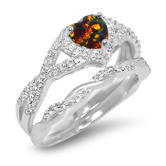 1 Carat Fire Opal Heart Cut Sterling Silver Wedding Engagement Ring Set
