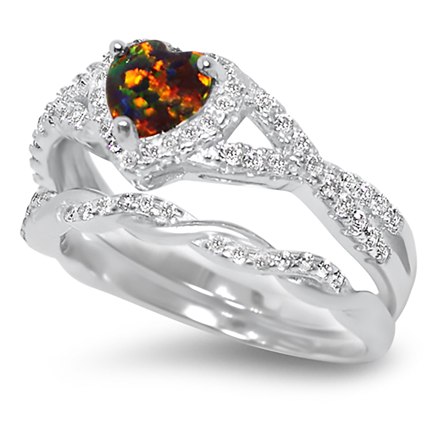 1 Carat Fire Opal Heart Cut Sterling Silver Wedding Engagement Ring Set