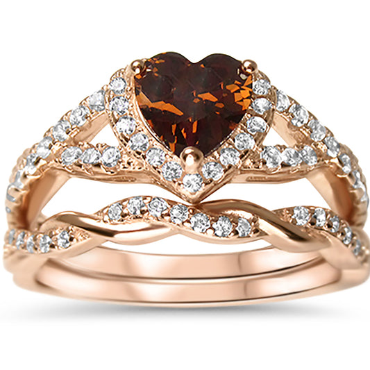 1 Carat Simulated Topaz CZ Heart Rose Gold Plated Silver Wedding Ring Set
