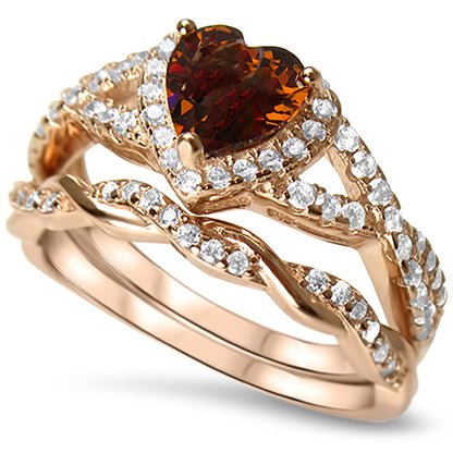 1 Carat Simulated Topaz CZ Heart Rose Gold Plated Silver Wedding Ring Set