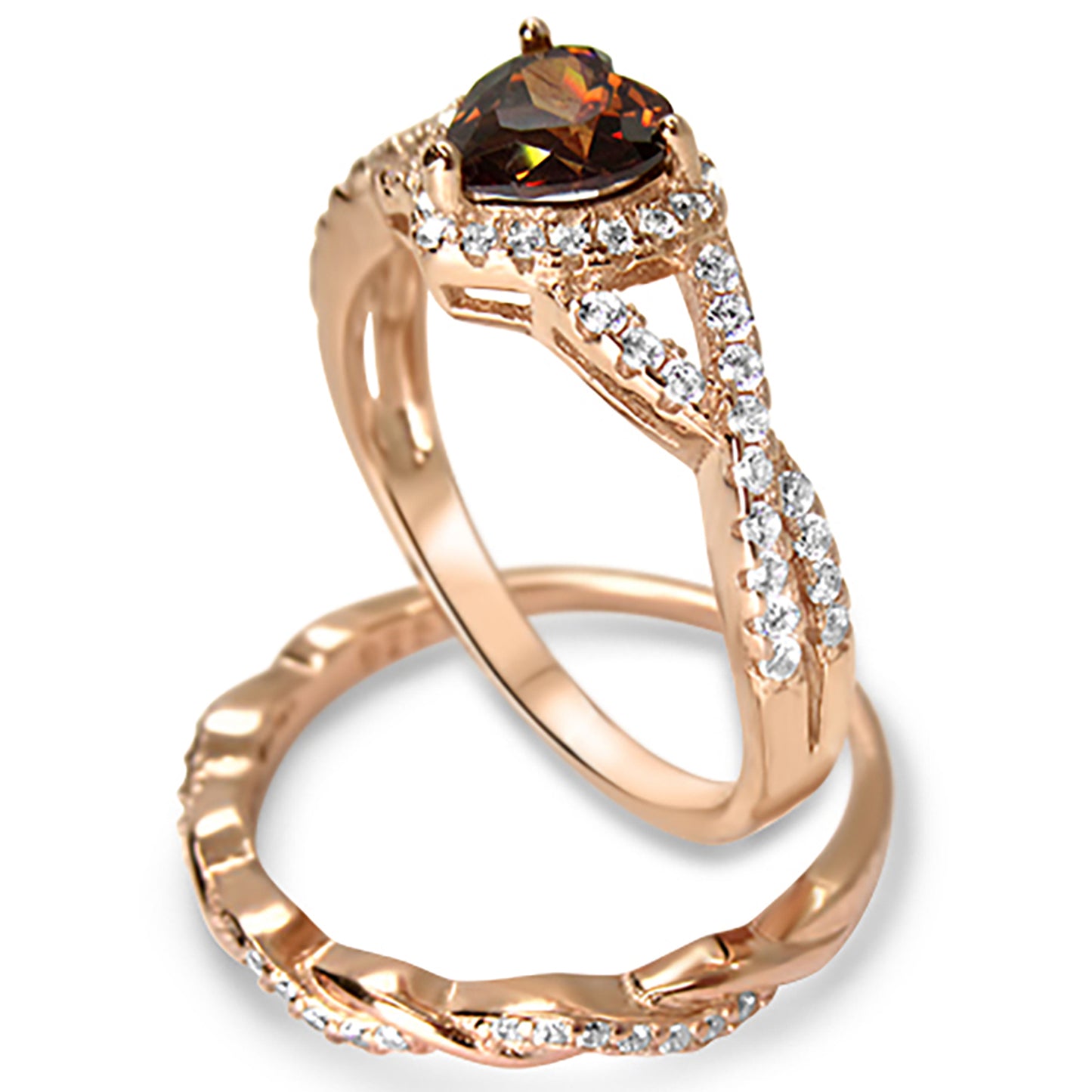 1 Carat Simulated Topaz CZ Heart Rose Gold Plated Silver Wedding Ring Set