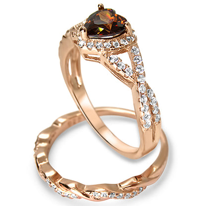 1 Carat Simulated Topaz CZ Heart Rose Gold Plated Silver Wedding Ring Set