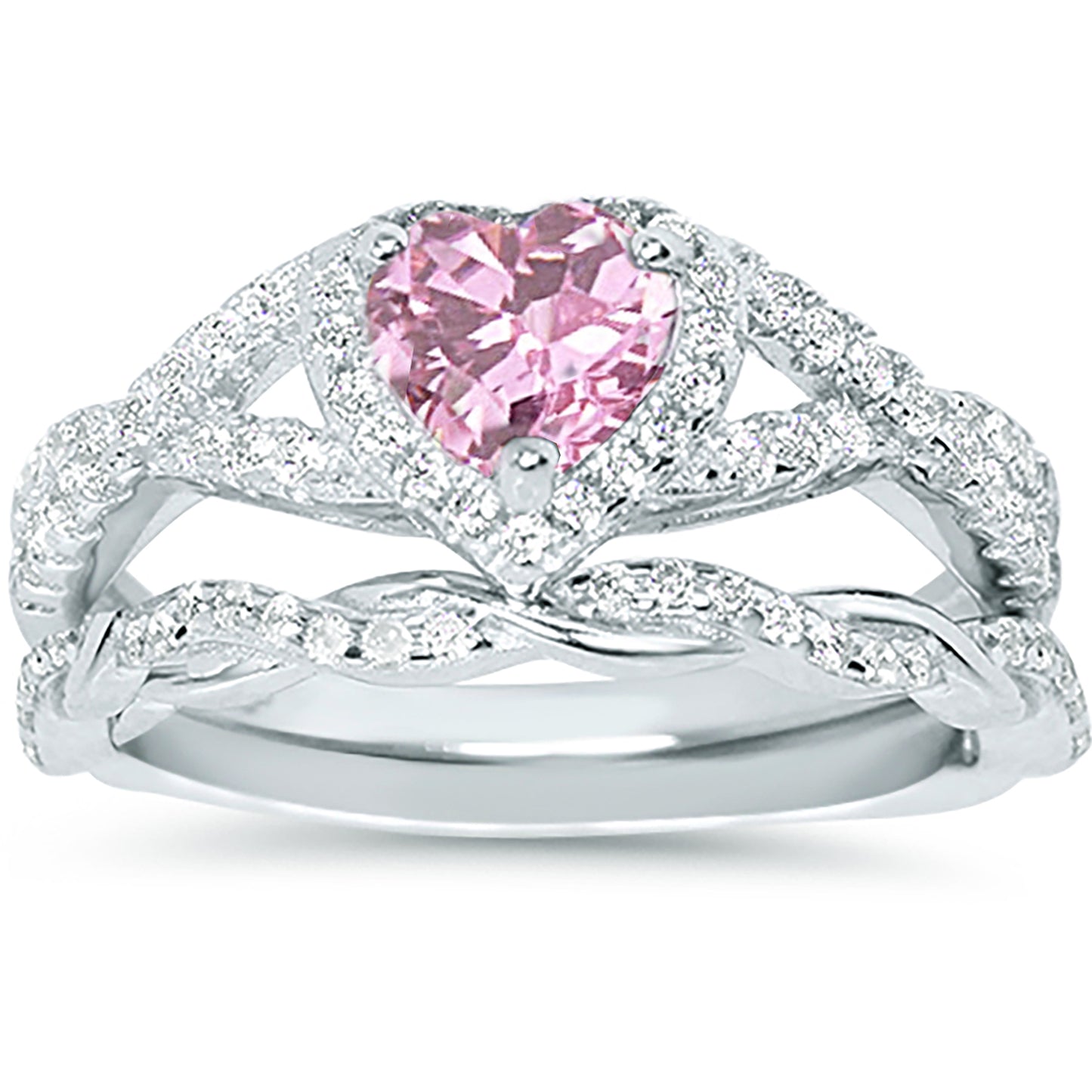1 Carat Pink CZ Antique Style Silver Wedding Engagement Ring Set