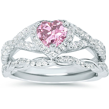 1 Carat Pink CZ Antique Style Silver Wedding Engagement Ring Set