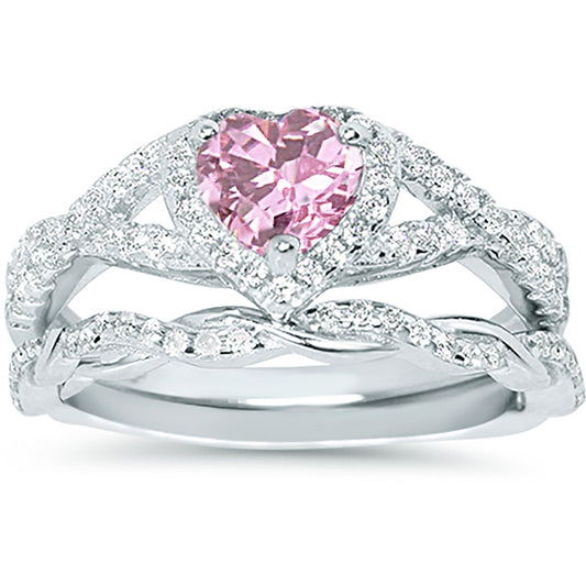 1 Carat Pink CZ Antique Style Silver Wedding Engagement Ring Set