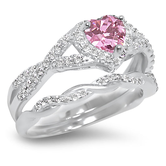 1 Carat Pink CZ Antique Style Silver Wedding Engagement Ring Set