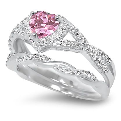 1 Carat Pink CZ Antique Style Silver Wedding Engagement Ring Set