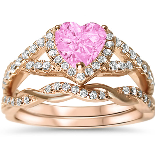 1 Carat Simulated Morganite Heart Cut Rose Gold Plated Silver Wedding Engagement Ring Set