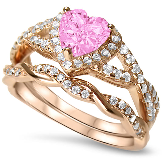 1 Carat Simulated Morganite Heart Cut Rose Gold Plated Silver Wedding Engagement Ring Set