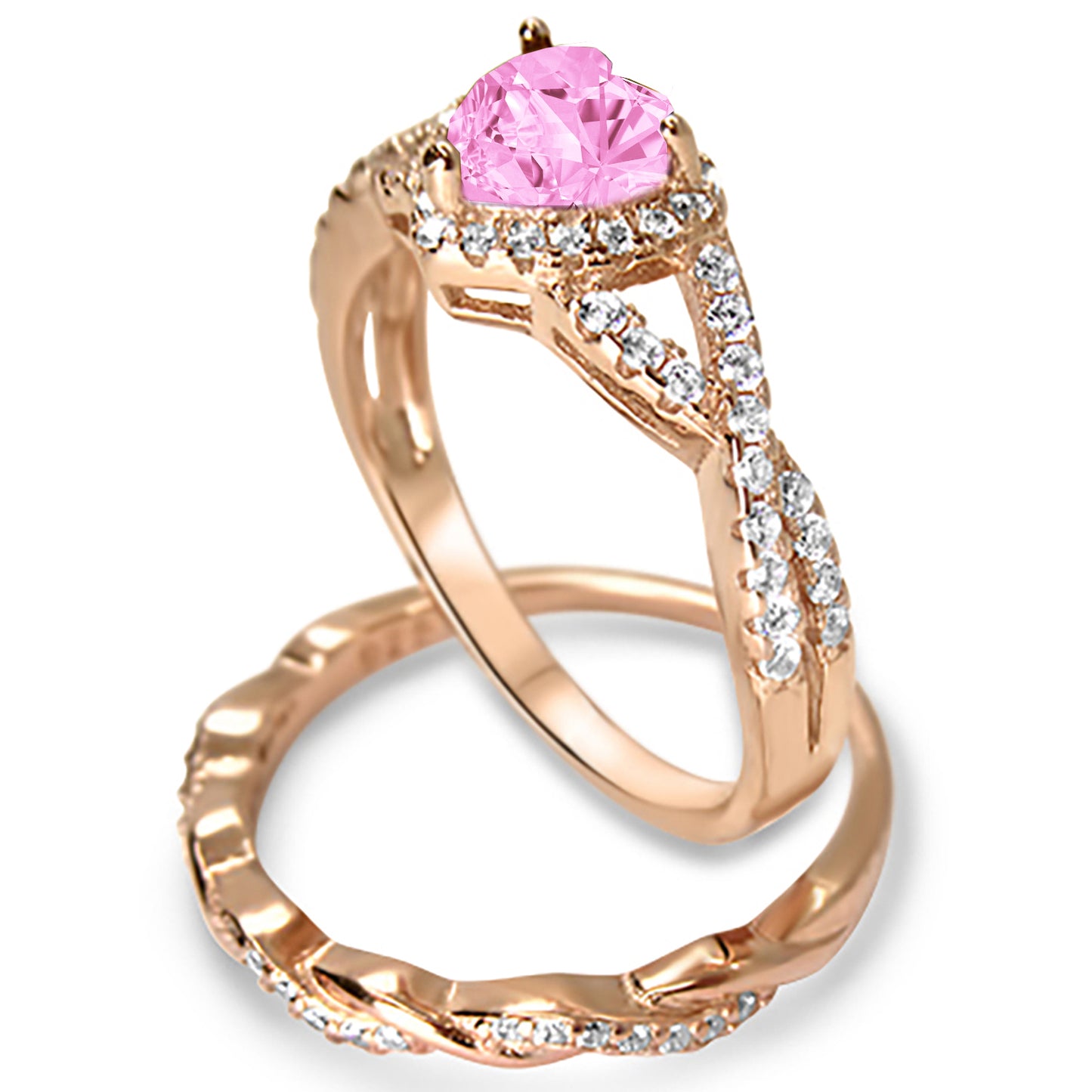 1 Carat Simulated Morganite Heart Cut Rose Gold Plated Silver Wedding Engagement Ring Set