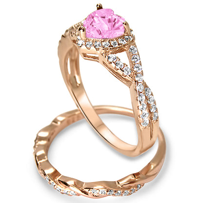 1 Carat Simulated Morganite Heart Cut Rose Gold Plated Silver Wedding Engagement Ring Set