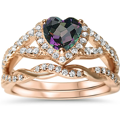 1 Carat Simulated Rainbow Topaz Black CZ Heart Cut Rose Gold Plated Silver Wedding Engagement Ring Set
