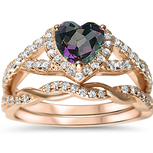1 Carat Simulated Rainbow Topaz Black CZ Heart Cut Rose Gold Plated Silver Wedding Engagement Ring Set