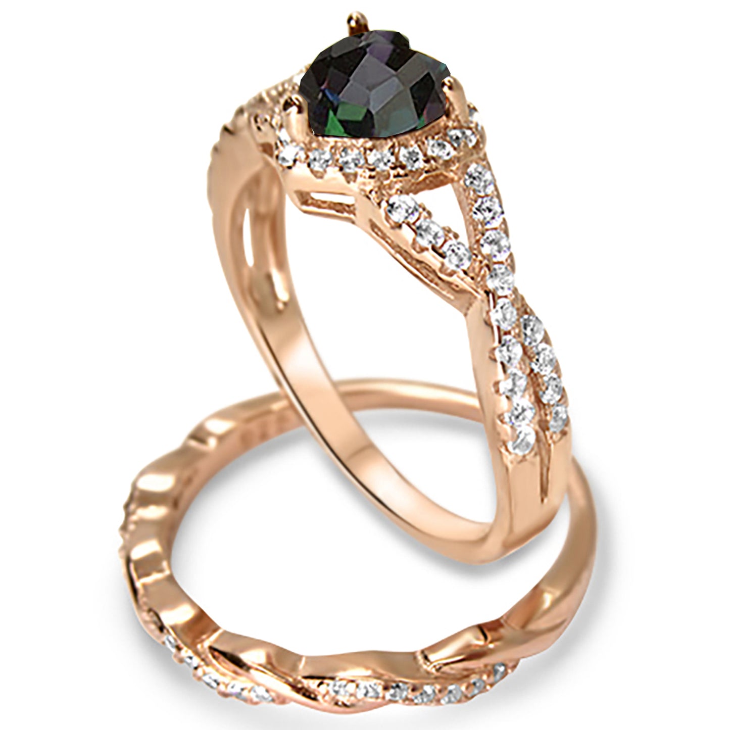 1 Carat Simulated Rainbow Topaz Black CZ Heart Cut Rose Gold Plated Silver Wedding Engagement Ring Set