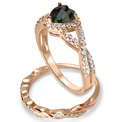 1 Carat Simulated Rainbow Topaz Black CZ Heart Cut Rose Gold Plated Silver Wedding Engagement Ring Set