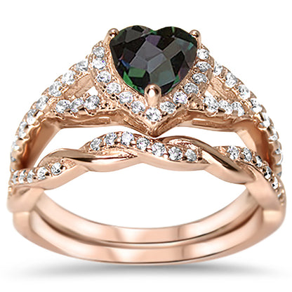 1 Carat Simulated Rainbow Topaz Black CZ Heart Cut Rose Gold Plated Silver Wedding Engagement Ring Set