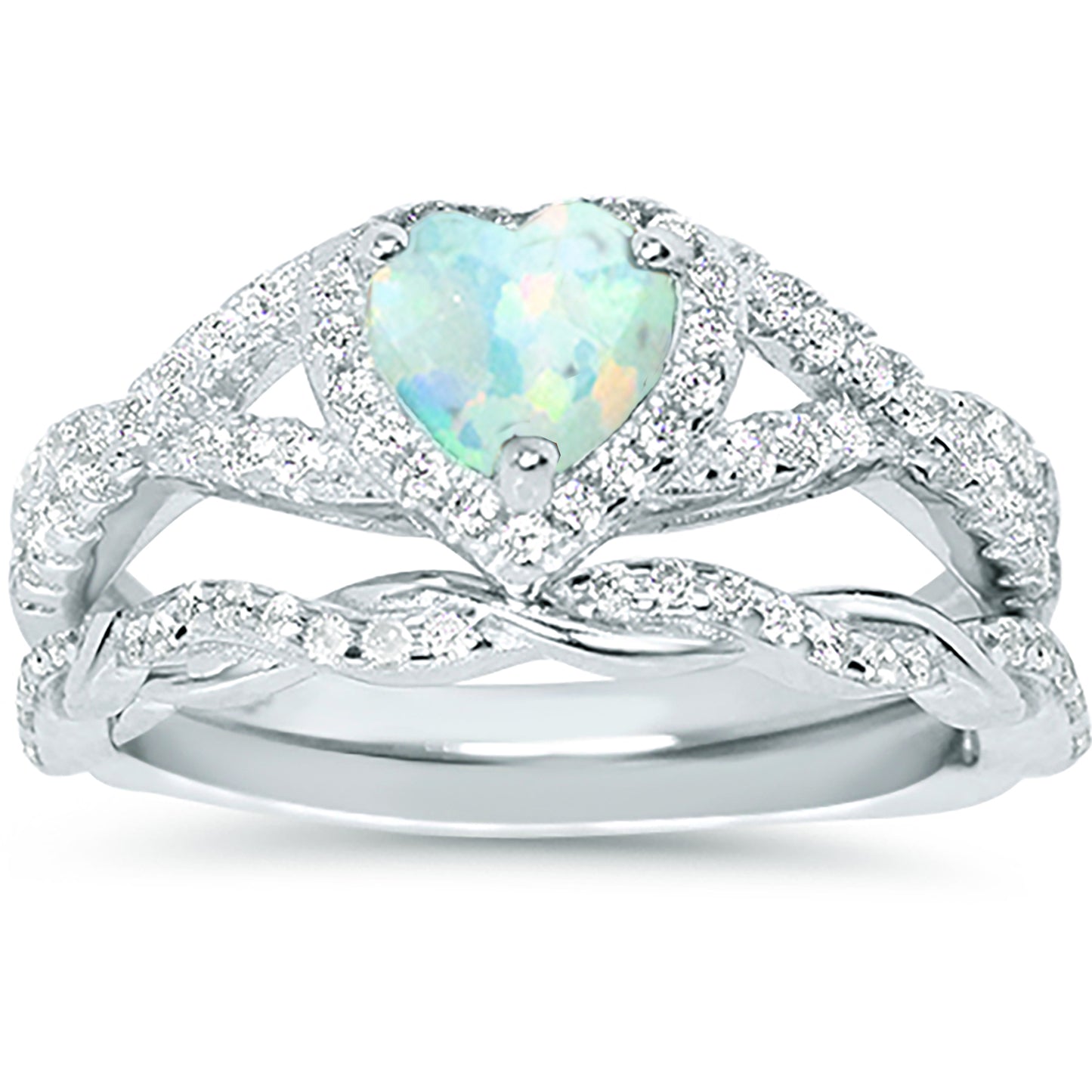 1 Carat Lab Created White Opal and CZ Vintage Design Silver Wedding Engagement Ring Set