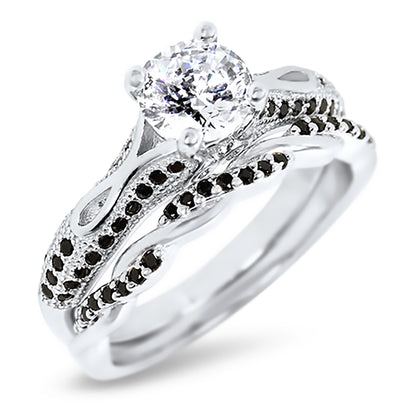 1 Carat White CZ Round Brilliant Silver Wedding Ring Set