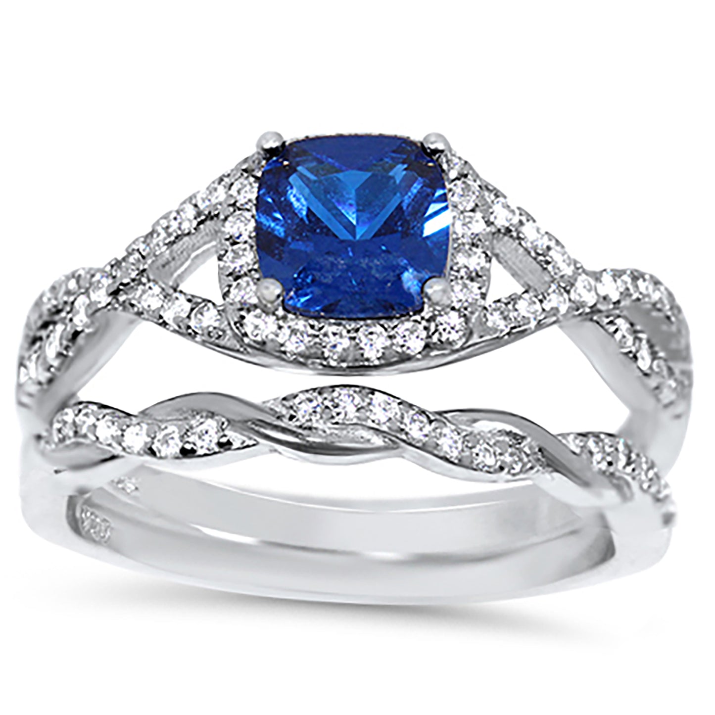 1 Carat Blue Simulated Sapphire Silver Wedding Engagement Ring Set