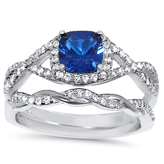 1 Carat Blue Simulated Sapphire Silver Wedding Engagement Ring Set