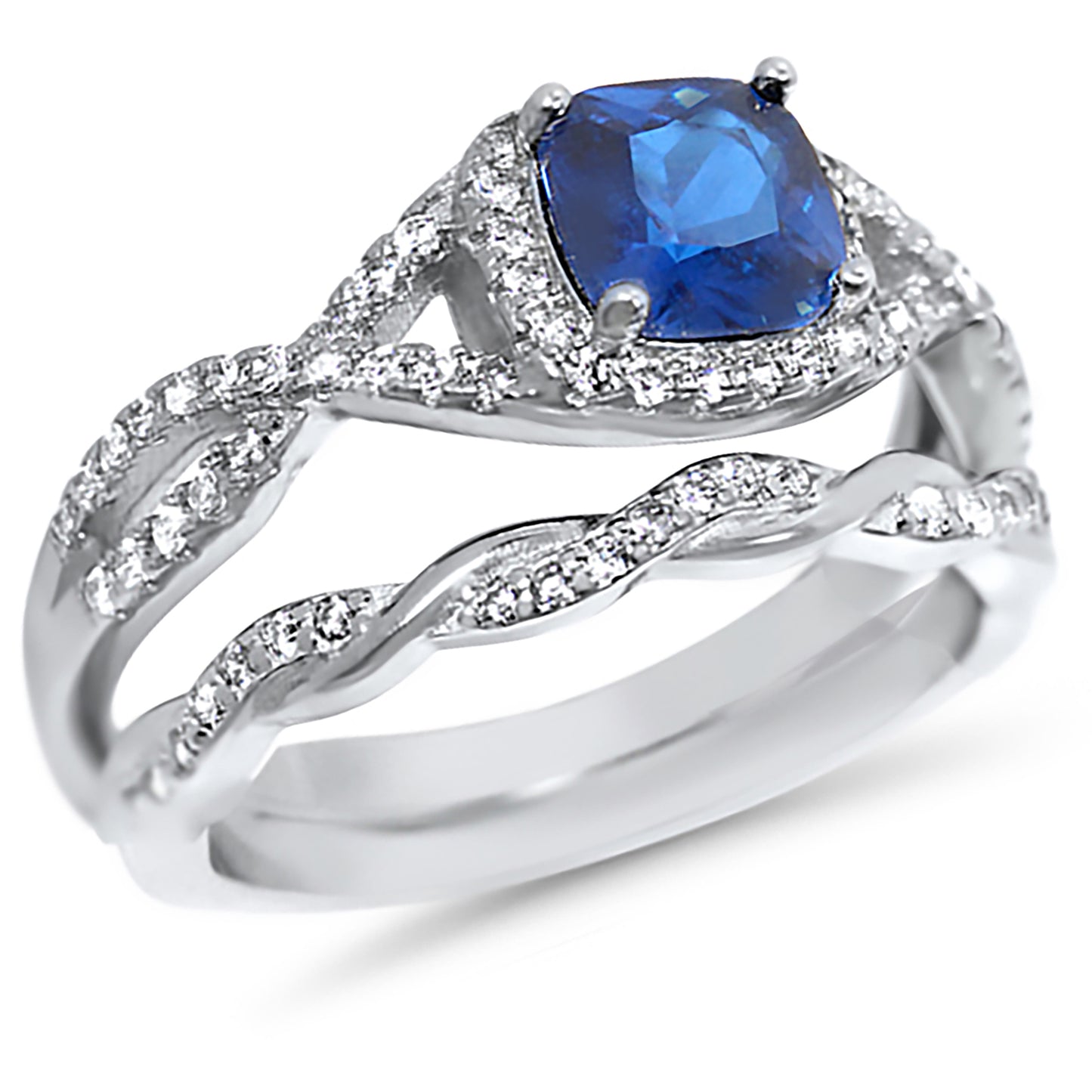 1 Carat Blue Simulated Sapphire Silver Wedding Engagement Ring Set