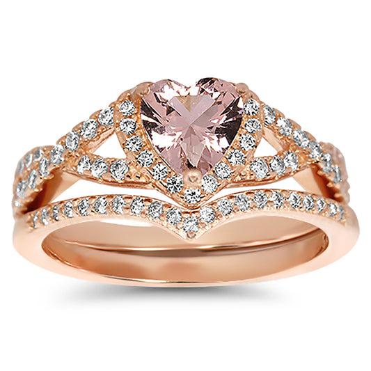 1 Carat Simulated Morganite CZ Rose Gold Plated Silver Wedding Engagement Ring Set