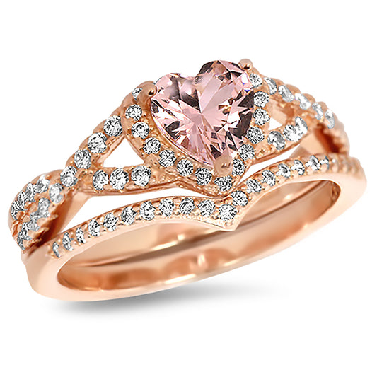 1 Carat Simulated Morganite CZ Rose Gold Plated Silver Wedding Engagement Ring Set