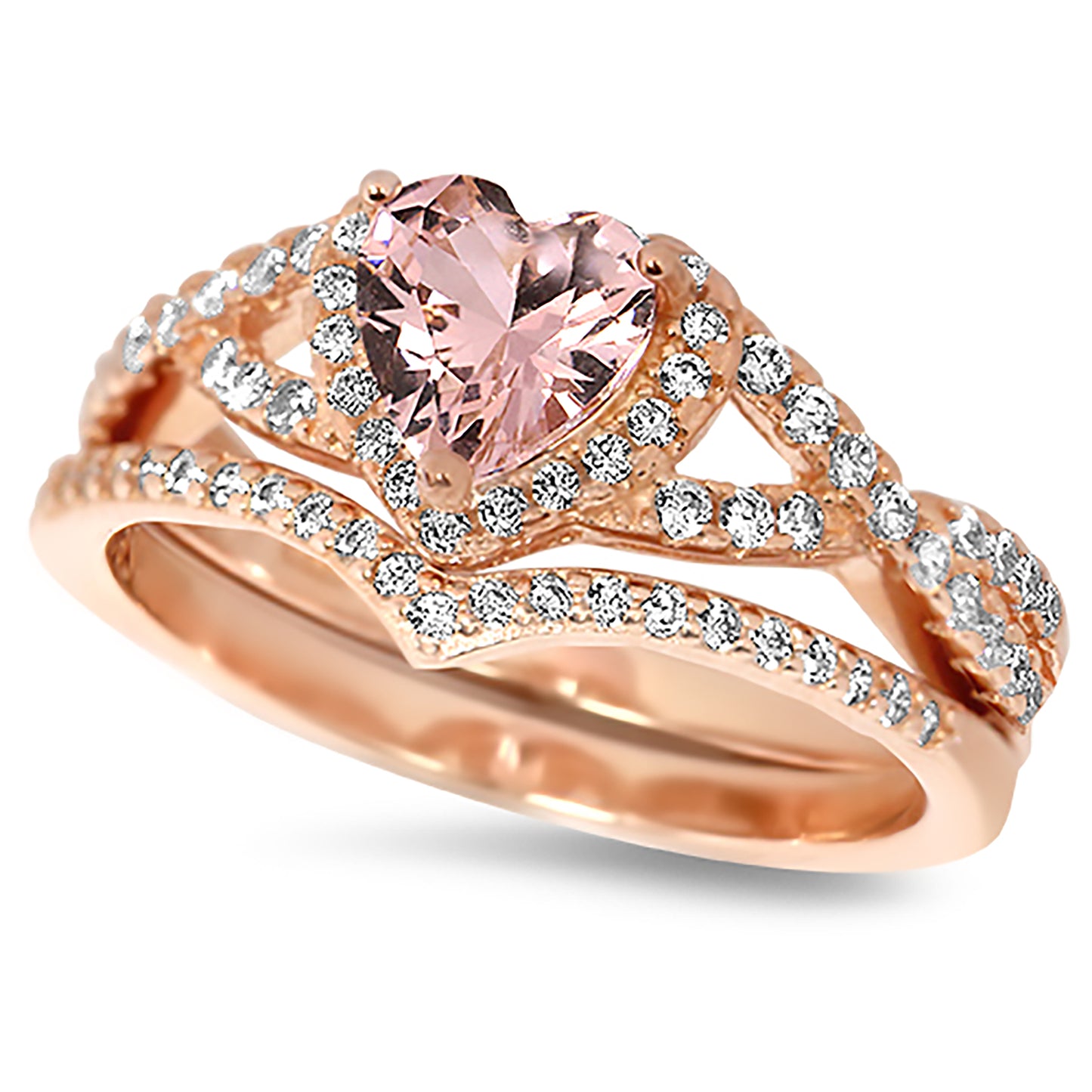 1 Carat Simulated Morganite CZ Rose Gold Plated Silver Wedding Engagement Ring Set