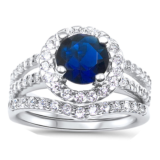 1 Carat Blue CZ Halo Setting Sterling Silver Wedding Engagement Ring Set