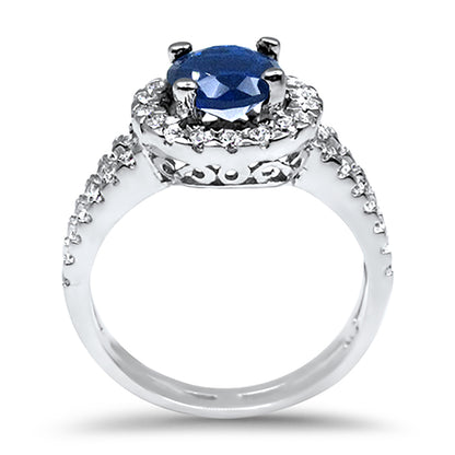 1 Carat Blue CZ Halo Setting Sterling Silver Wedding Engagement Ring Set