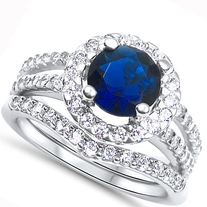 1 Carat Blue CZ Halo Setting Sterling Silver Wedding Engagement Ring Set
