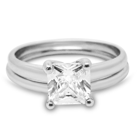 1 Carat Princess Cut CZ Sterling Silver Wedding Engagement Ring Set