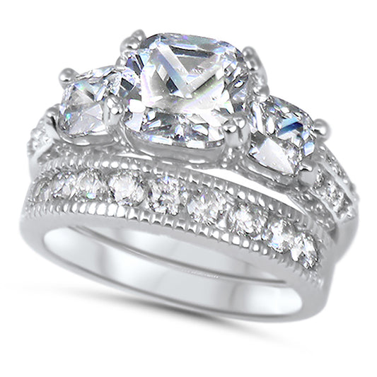 1 Carat CZ Sterling Silver Wedding Engagement Ring Set