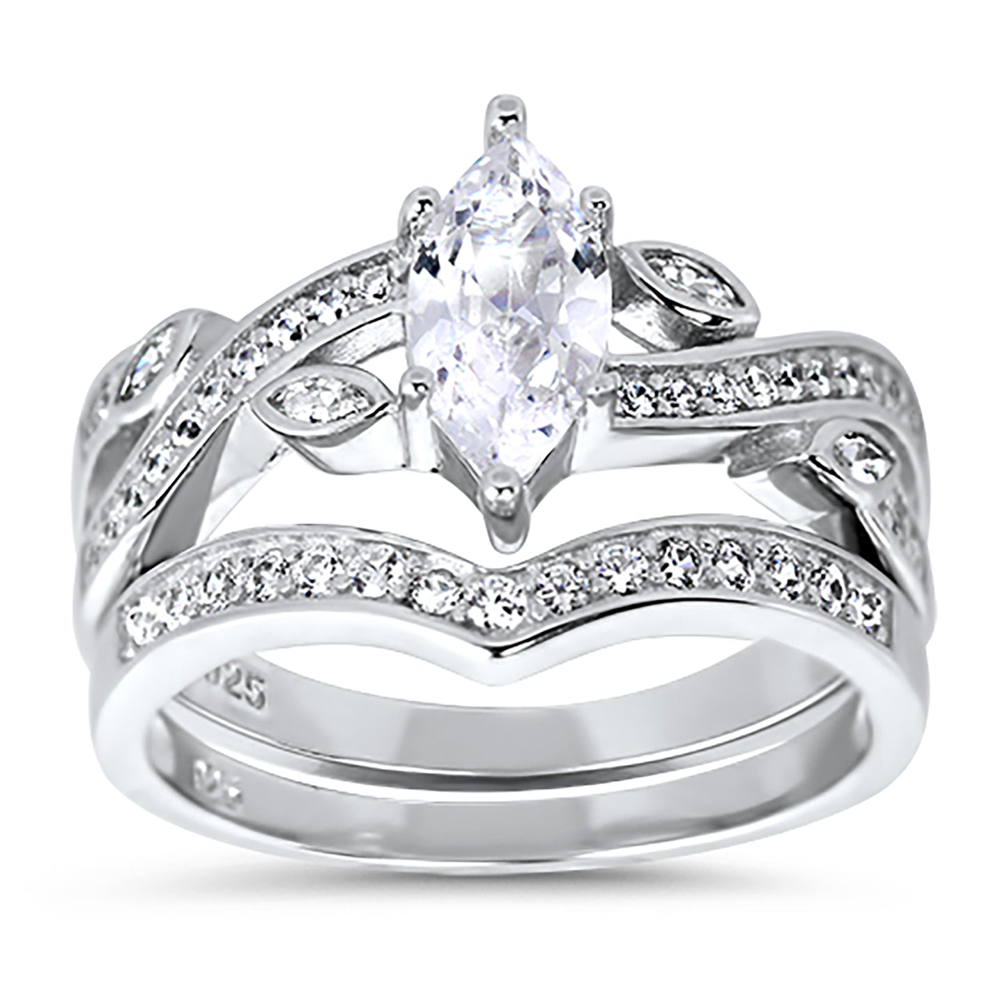 1.25 Carat Marquise Cut Cubic Zirconia Sterling Silver Wedding Ring Set
